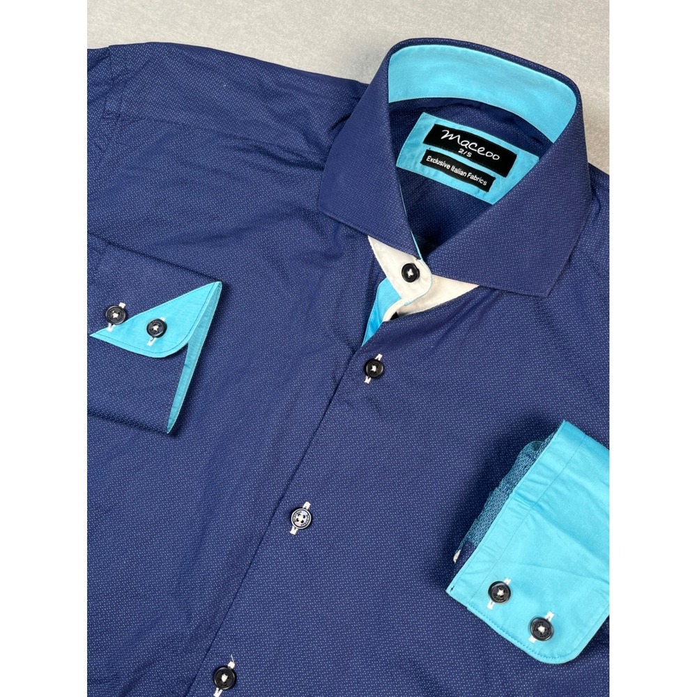 VTG Maceoo Men Med Blue Textured Dress Shirt ExclusiveItalian Fabrics 2/S Luxury